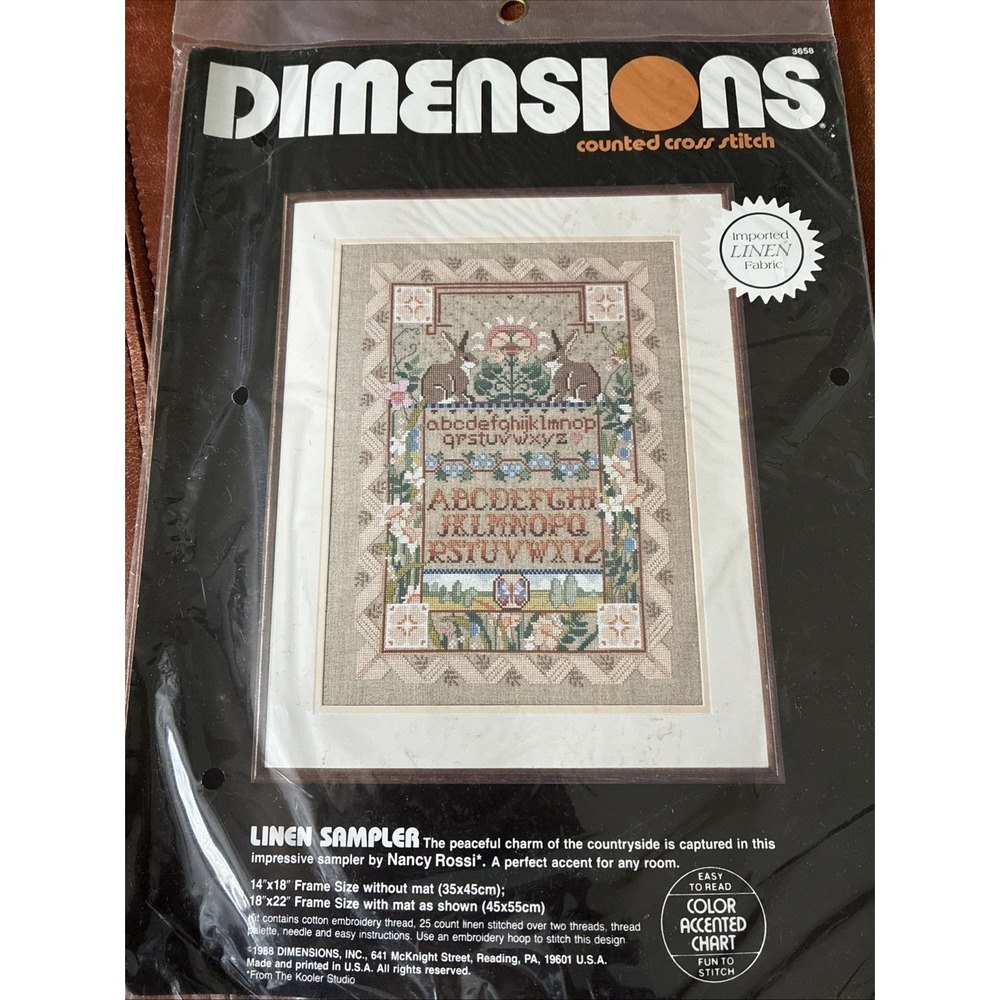 Vtg Dimensions Nancy Rossi 3658 Linen Sampler 14x18 Counted Cross Stitch Kit NIP